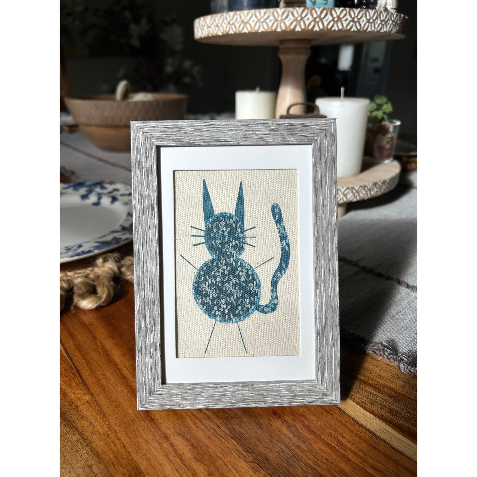Kitty Cat Cat Mini Picture Frame Original Art Canvas Wall Art Decor Blue Pattern