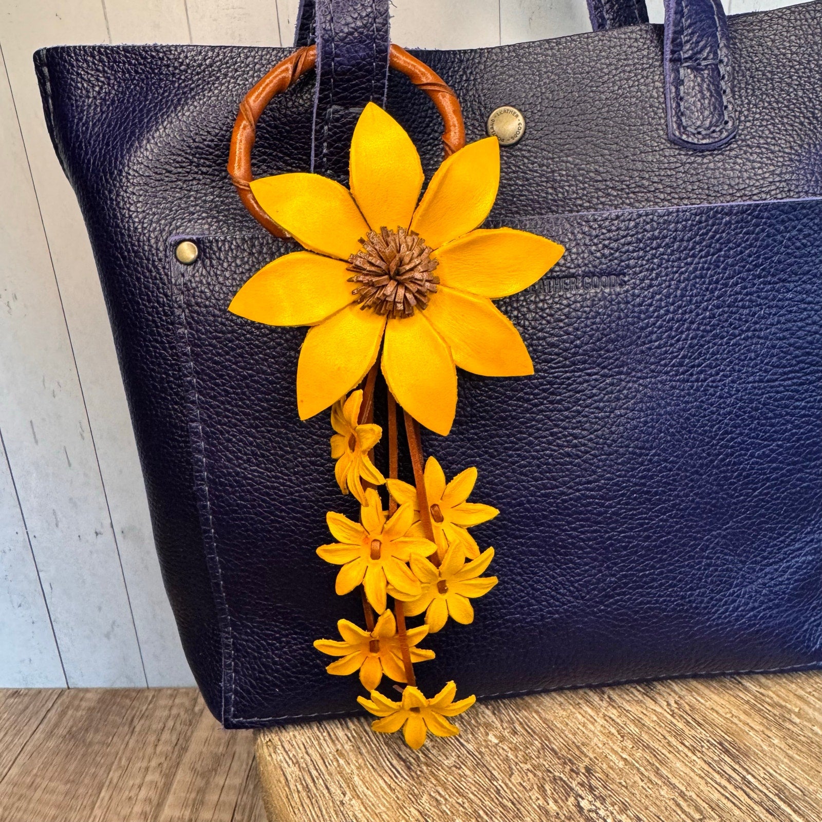 Leather Purse Charm Flower Charm Genuine Leather Yellow Daisy Bag Charm NEW!