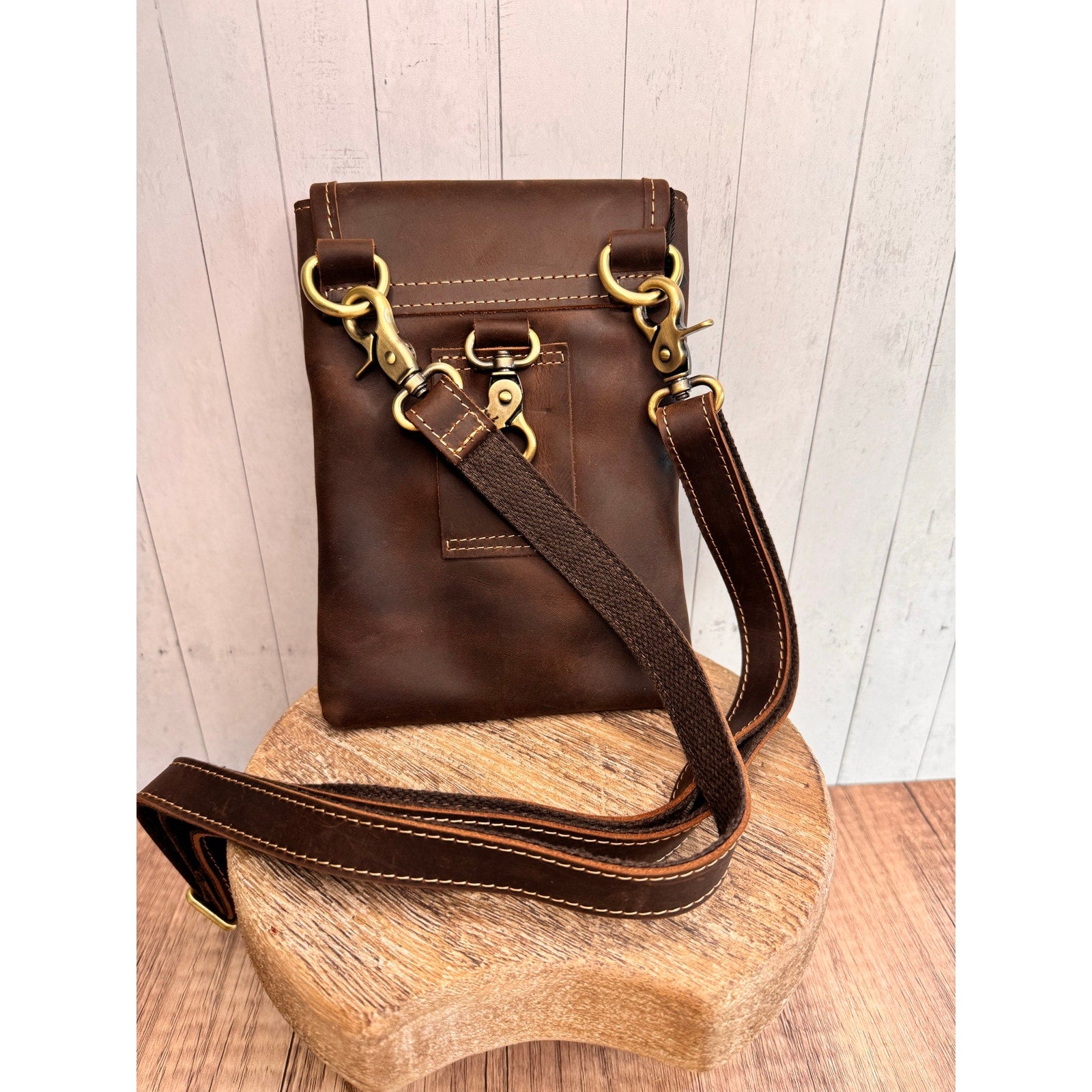 Genuine Leather Crossbody Purse GRIZZLY BROWN Leather Bag Passport Phone Bag