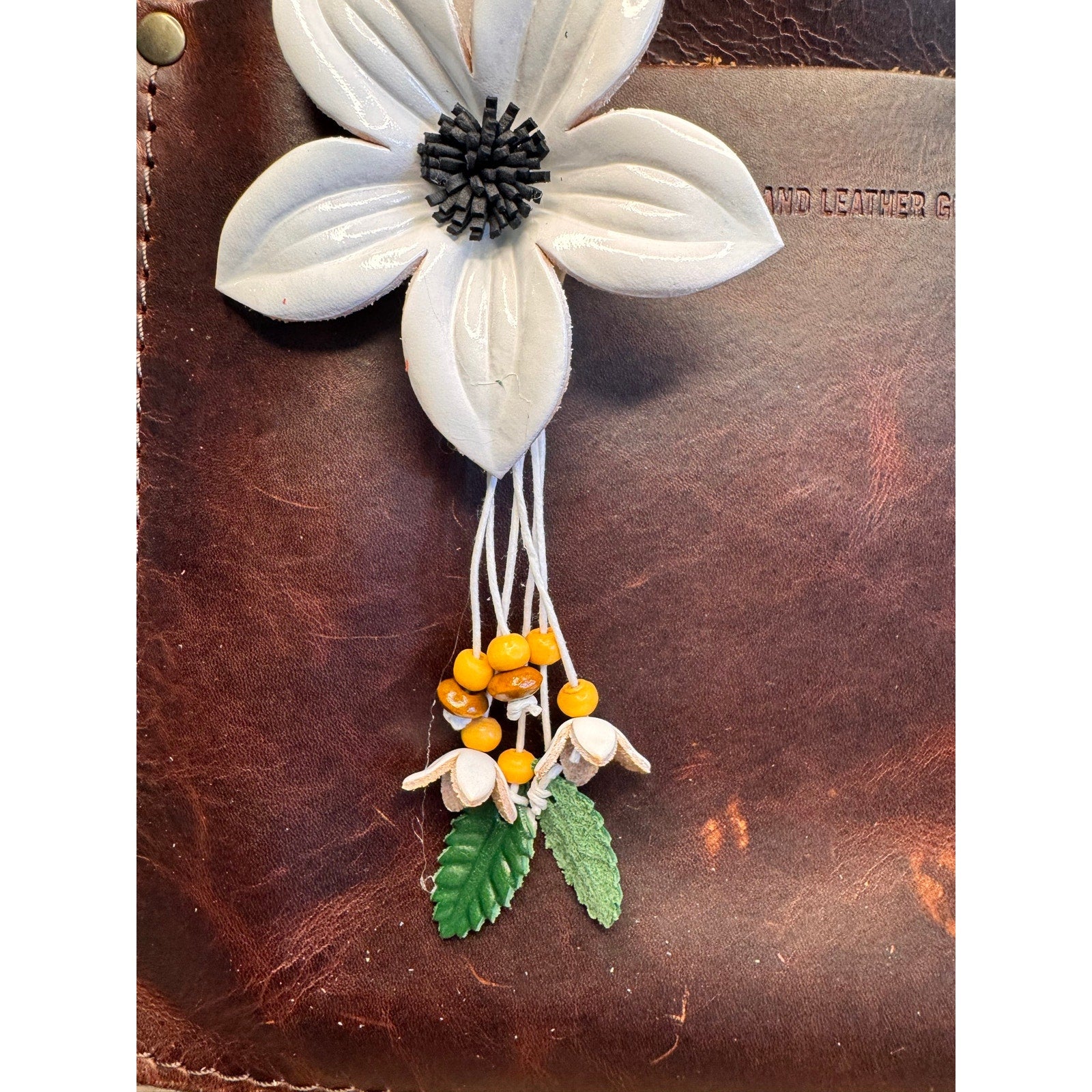 White Flower Daisy Purse Charm Genuine Leather Flower White Bag Charm NEW!