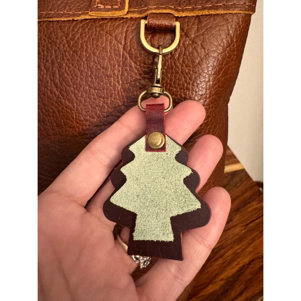 Holiday Red Green Christmas Bag Charm Genuine Leather Christmas Tree Purse Charm