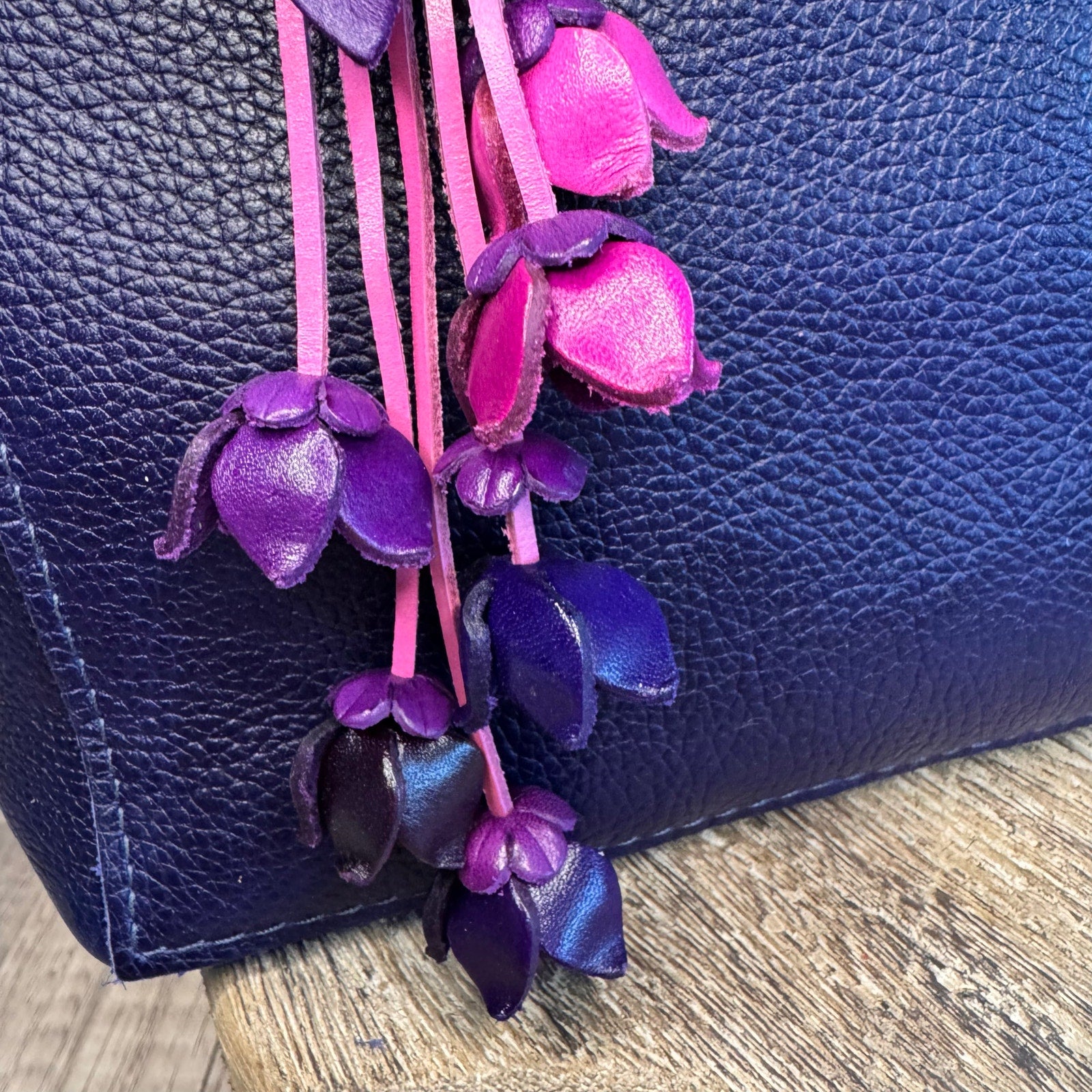 Leather Purse Charm Purple Flower Charm Genuine Leather Bag Charm NEW!