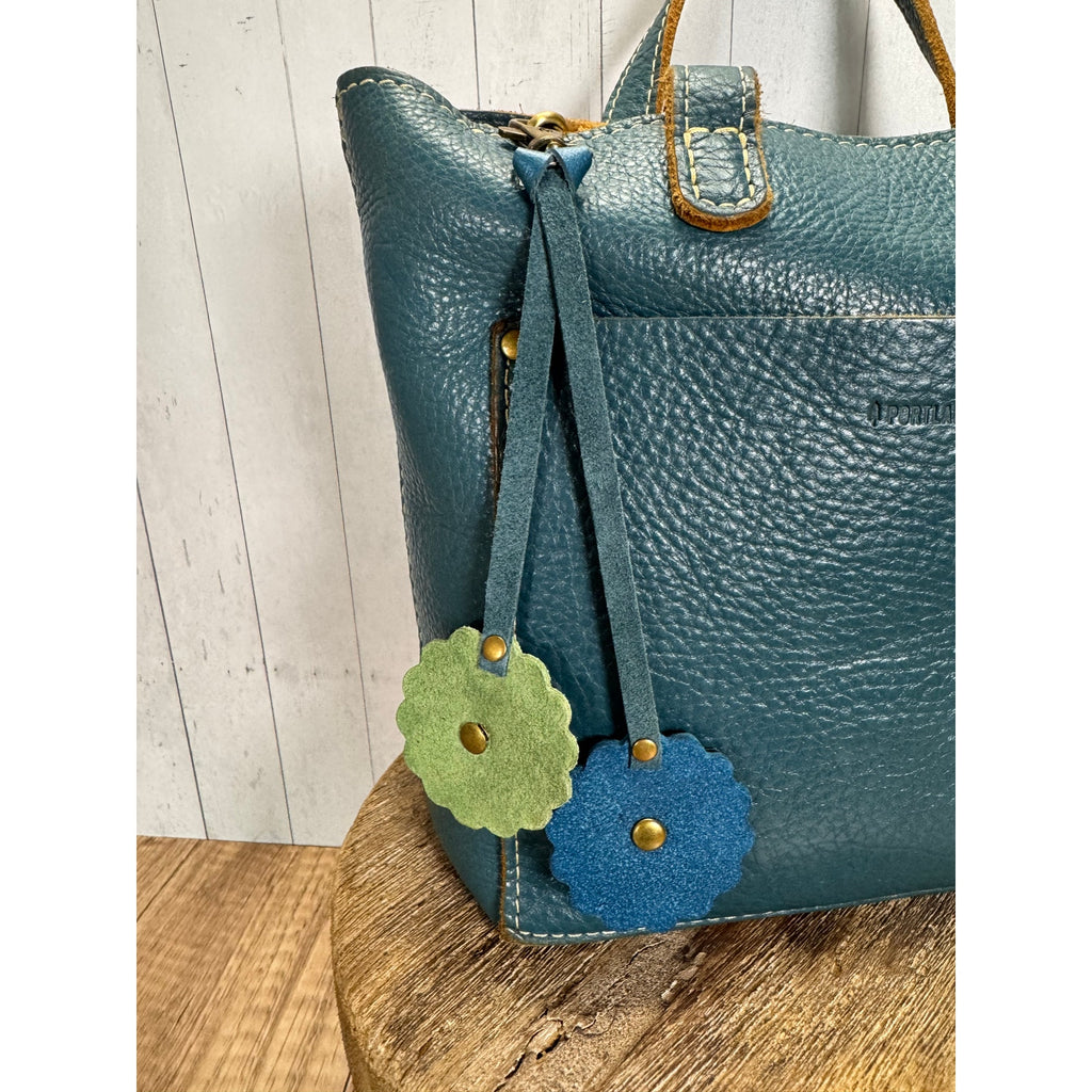 Double Flower Bag Charm Genuine Leather Green Blue Purse Charm NEW!