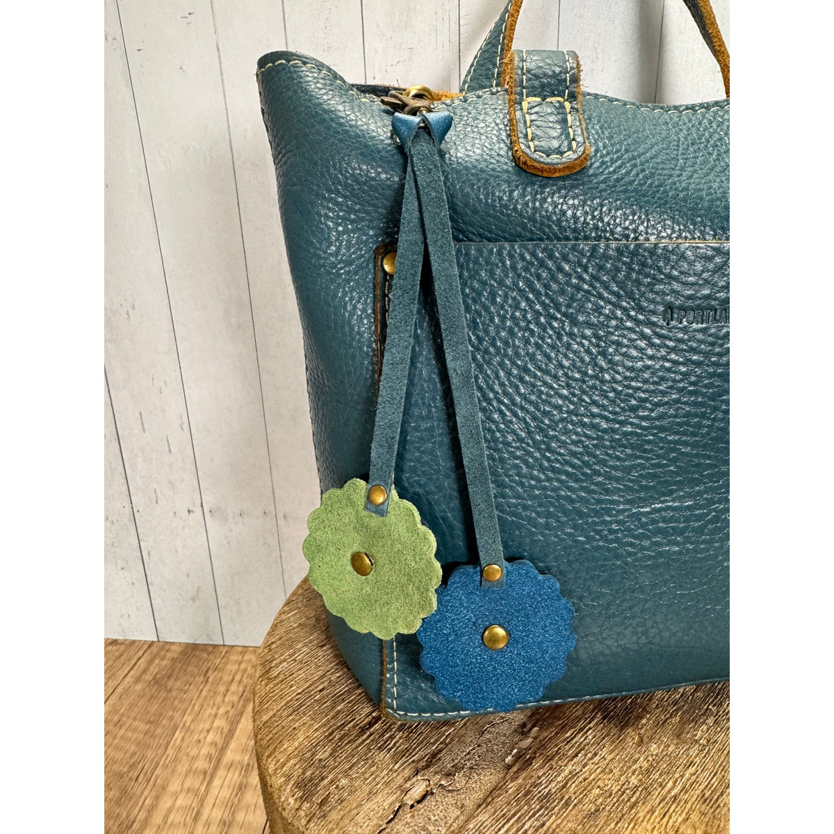 Double Flower Bag Charm Genuine Leather Green Blue Purse Charm NEW!