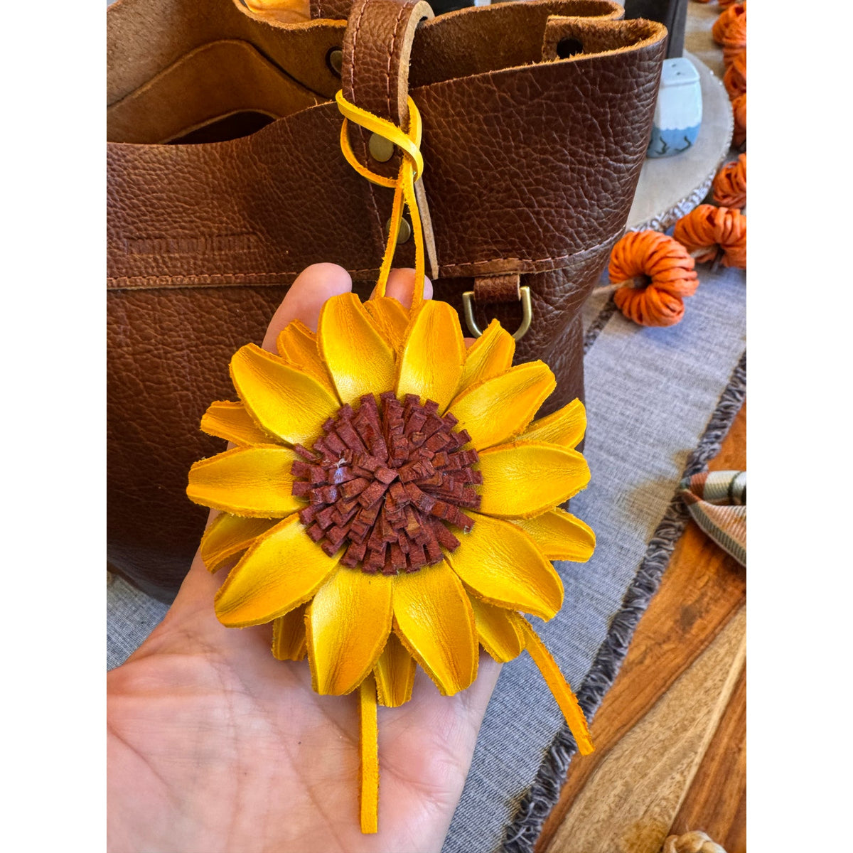 Yellow Sunflower Genuine Leather Purse Charm Leather Yellow Bag Charm