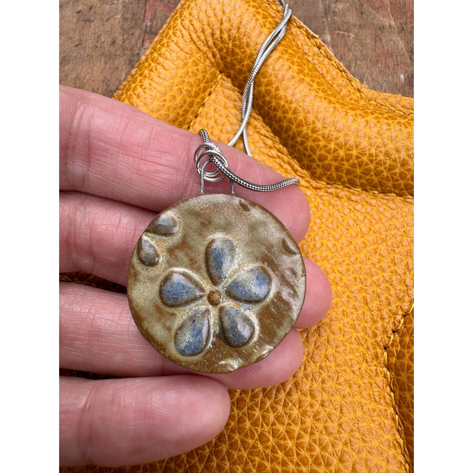 Boho Necklace Round Daisy Pendant Handcrafted Ceramic Necklace Medallion Jewelry