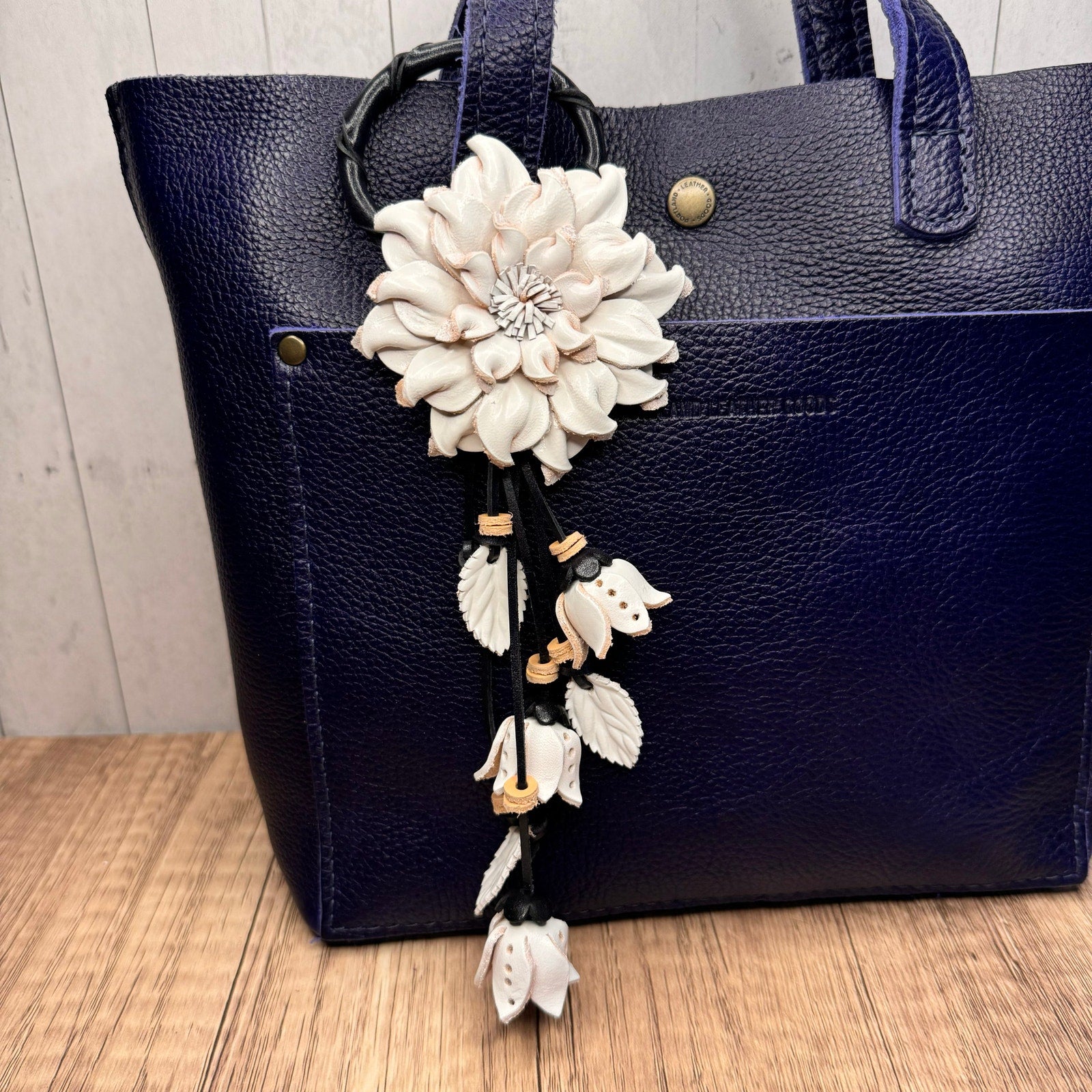 White Dahlia Leather Flower Purse Charm Genuine Leather White Flower Bag Charm