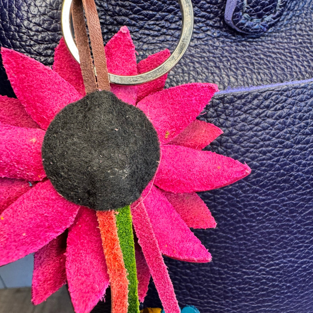 Pink Daisy Flower Leather Bag Charm Genuine Leather Purse Crossbody Keychain