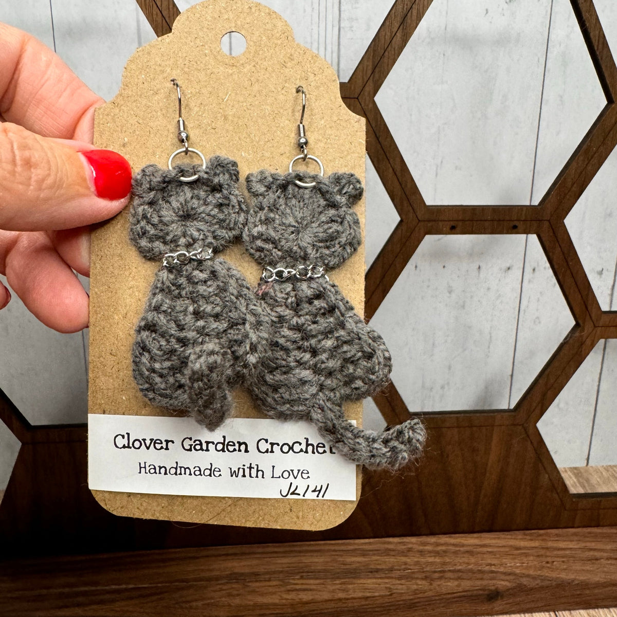 Gray Cat Crochet Earrings Kitty Accessories Gray Earrings FAST SHIP NEW!