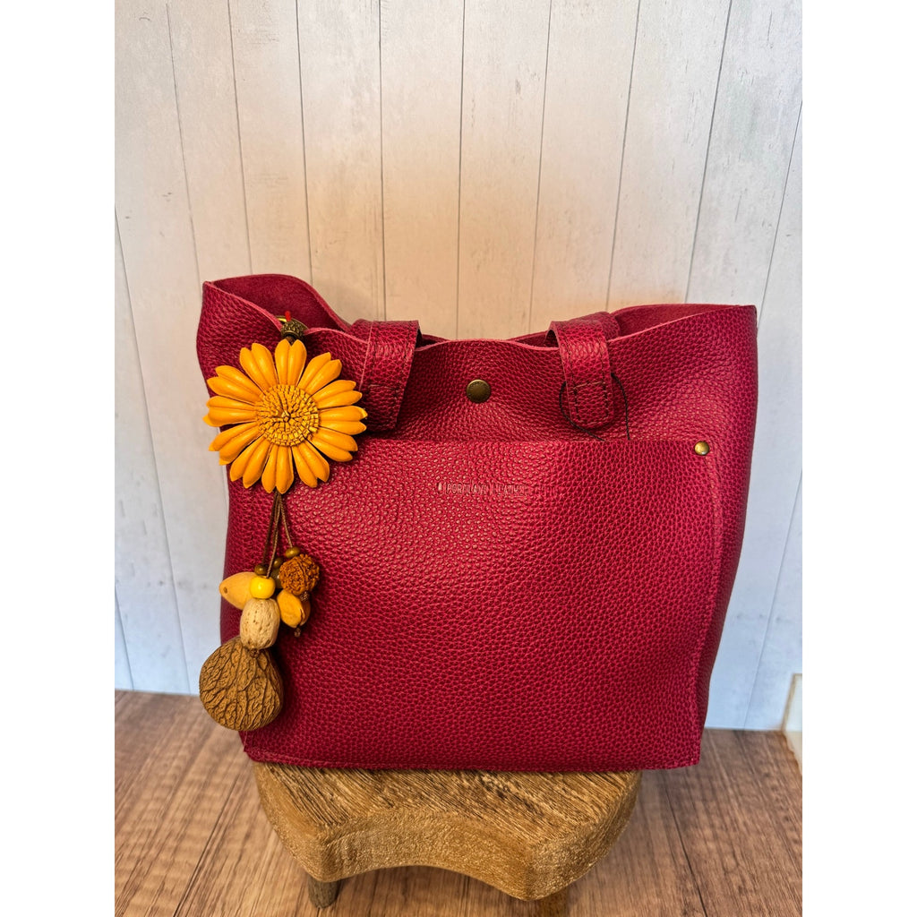 Summer Neutral Tan Gerbera Daisy Purse Charm Genuine Leather Flower Bag Charm