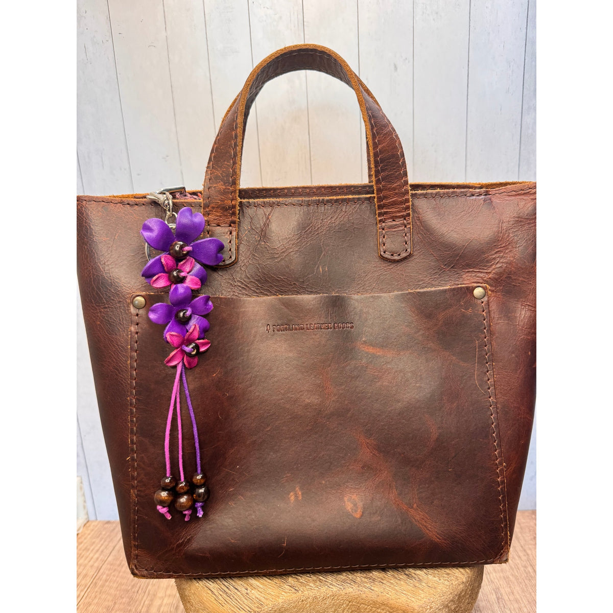 Plumeria Flower Bag Charm Genuine Leather Flower Bag Charm Purple Flower Charm