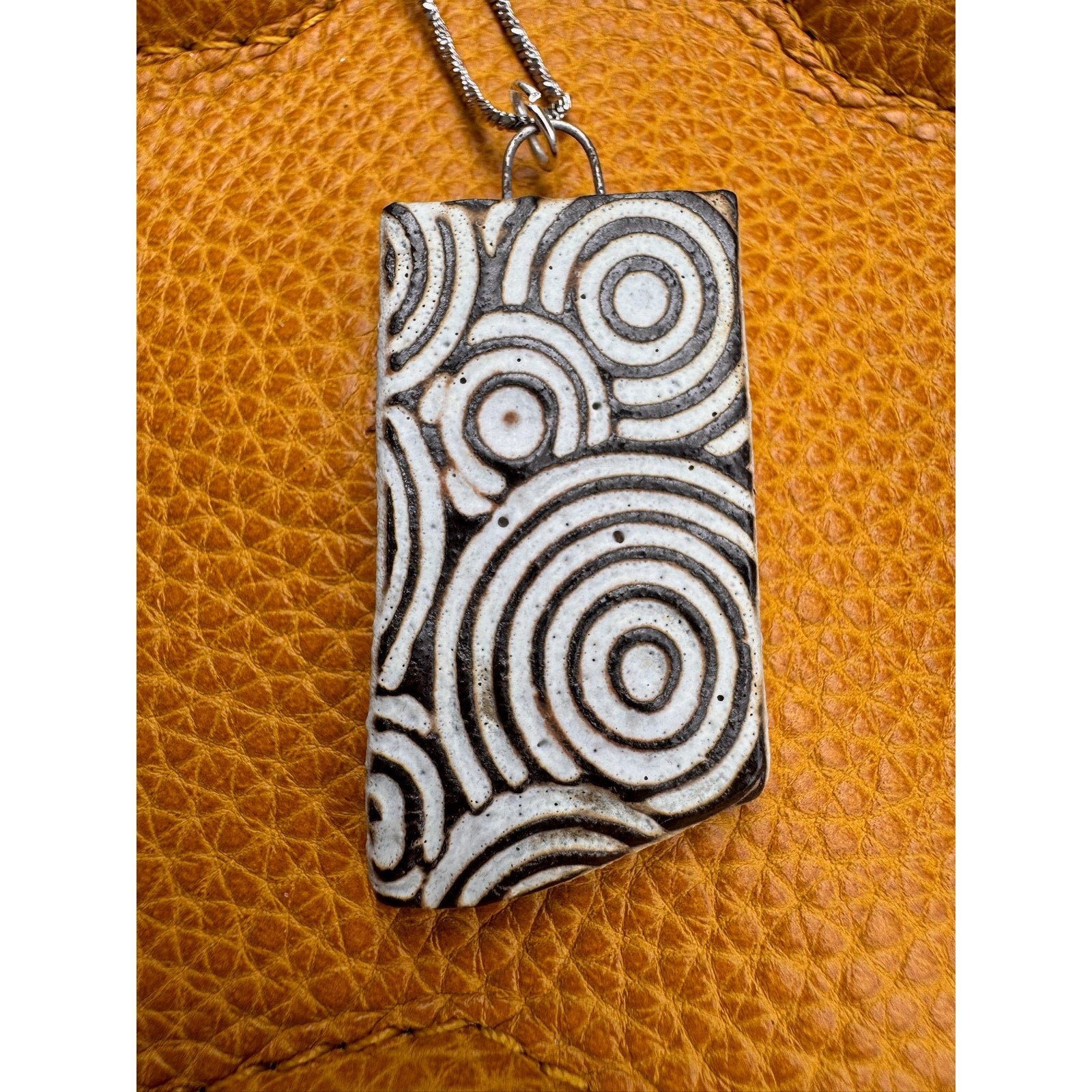 Ceramic Rectangle Pendant Necklace Handcrafted Jewelry Circle Boho Necklace