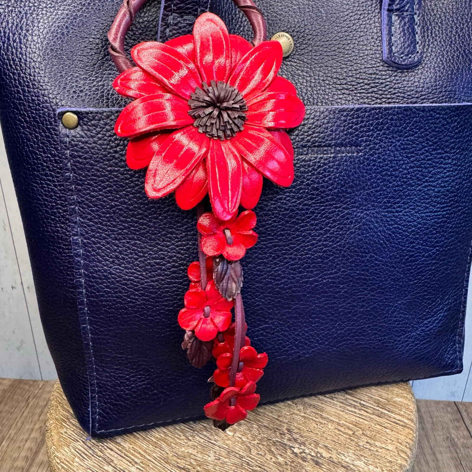 Genuine Leather Gerbera Daisy Purse Charm Leather Red Spring Bag Charm NEW