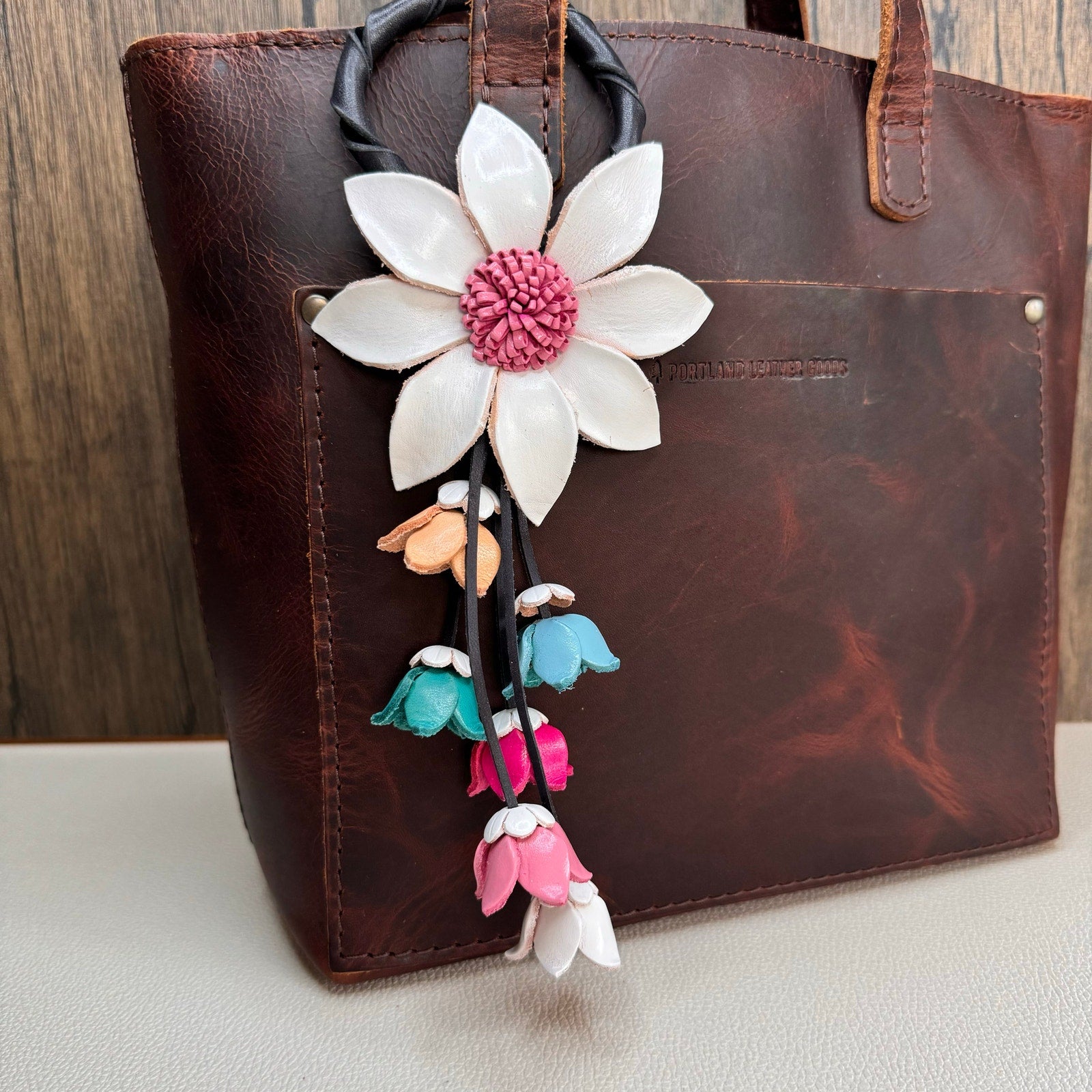 Leather Flower Purse Charm Genuine Leather Fall Daisy Bag Charm NEW FAST SHIP