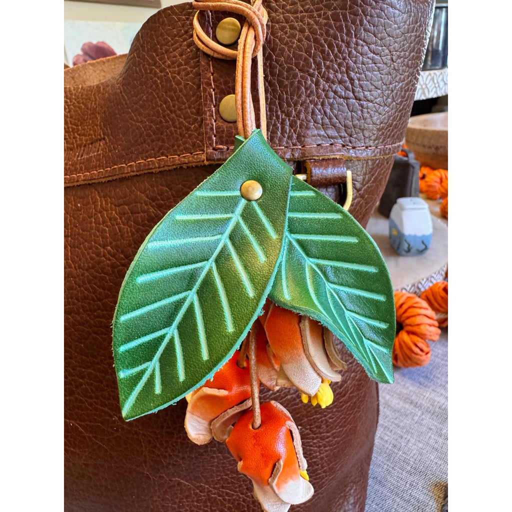Genuine Leather Green Leaf Orange Flower Purse Charm Leather Bag Charm