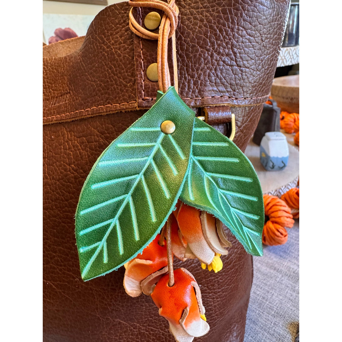 Genuine Leather Green Leaf Orange Flower Purse Charm Leather Bag Charm