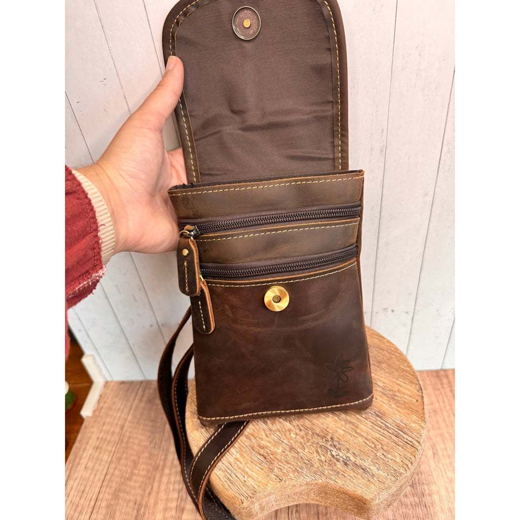 Genuine Leather Crossbody Purse GRIZZLY BROWN Leather Bag Passport Phone Bag