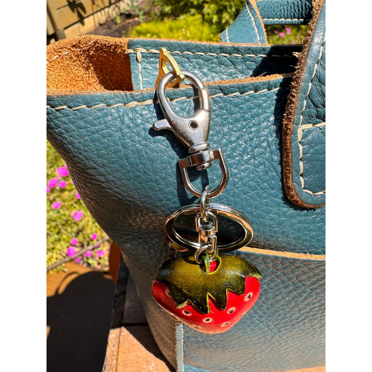 Genuine Leather Strawberry Purse Charm Hand Painted Strawberry Fruit Bag Charm