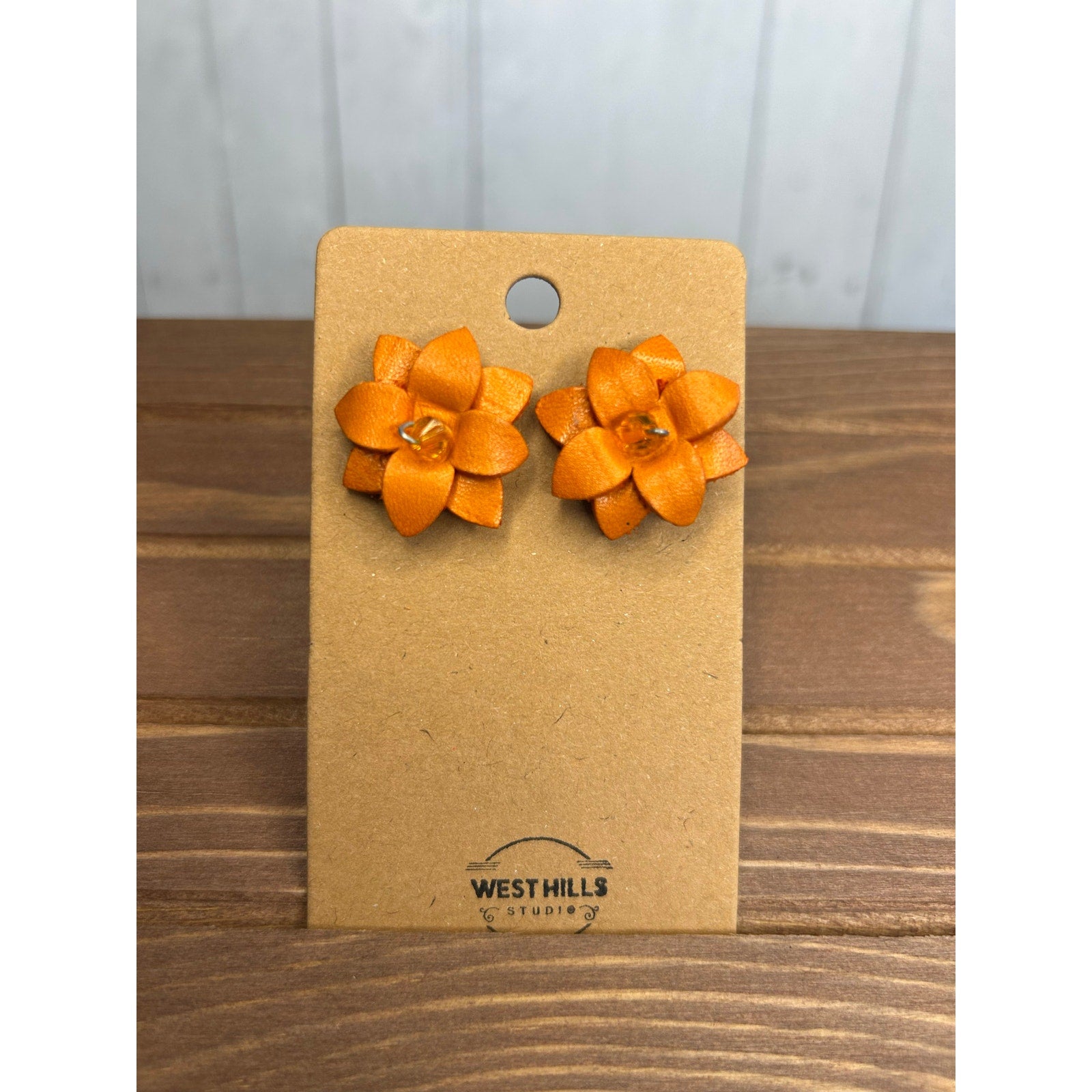 Genuine Leather Flower Earrings Orange Pansy Post Earrings NEW!  FAST SHIP