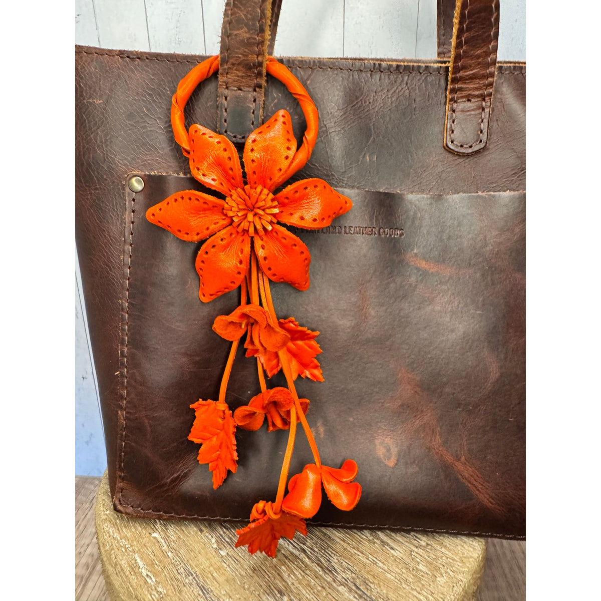 Autumn Fall Leather Daisy Purse Charm Genuine Leather Orange Flower Bag Charm