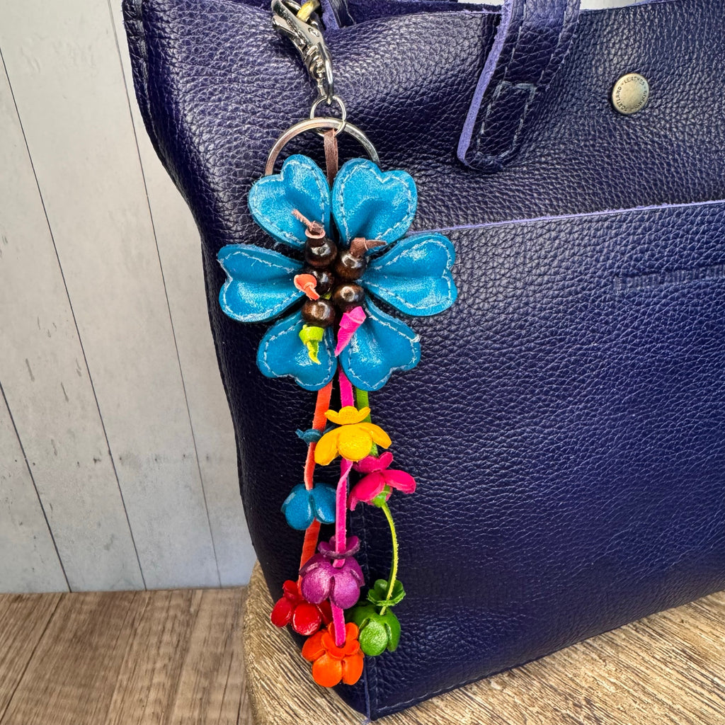Bright Blue Daisy Flower Leather Bag Charm Genuine Leather Purse Charm Flowers