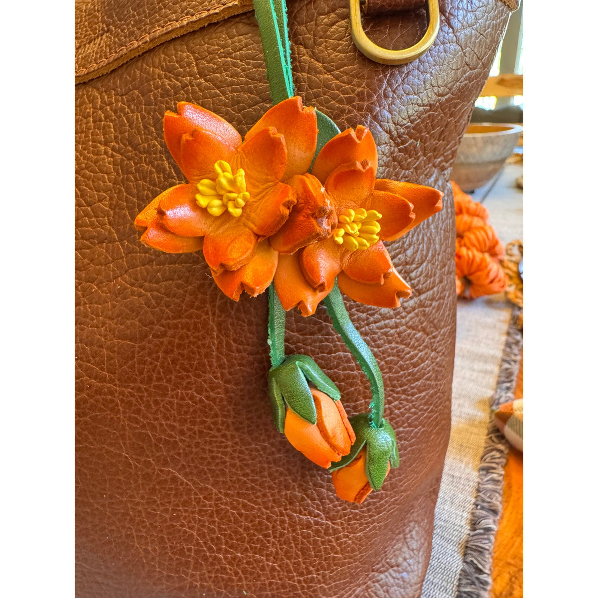 Genuine Leather Trailing Orange Flower Purse Charm Leather Bag Charm