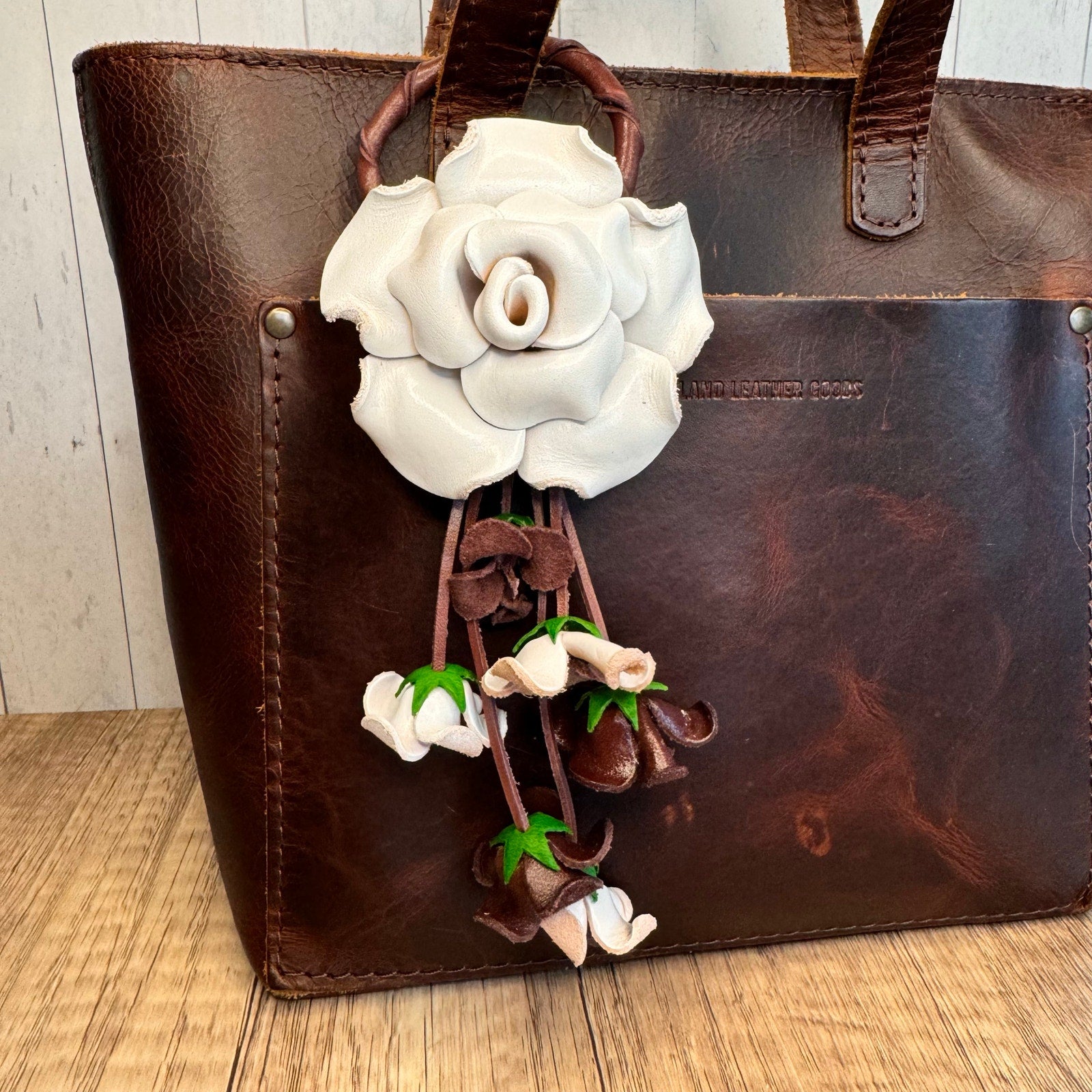 Leather White Rose Purse Charm Genuine Leather Flower Bag Charm NEW FAST SHIP