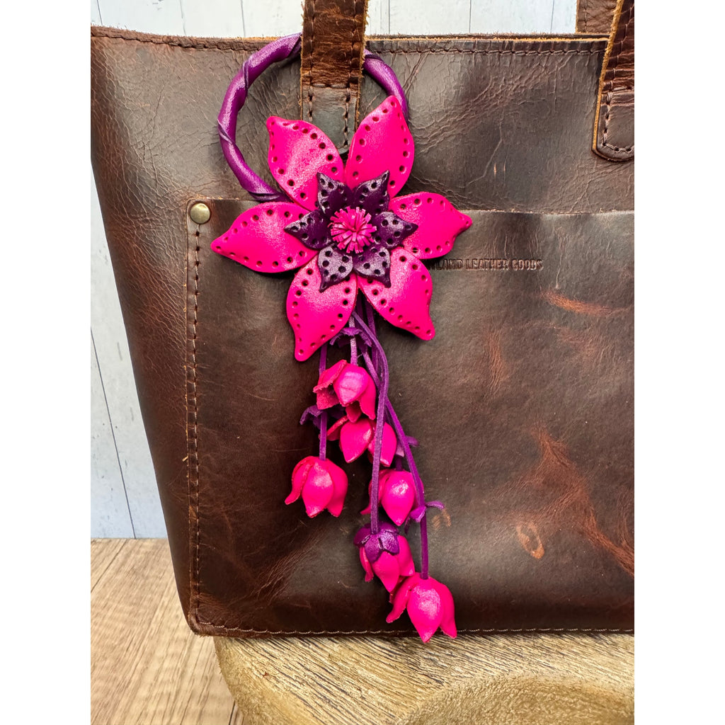 Leather Purse Charm Genuine Leather Bright Pink Flower Bag Charm NEW FAST SHIP