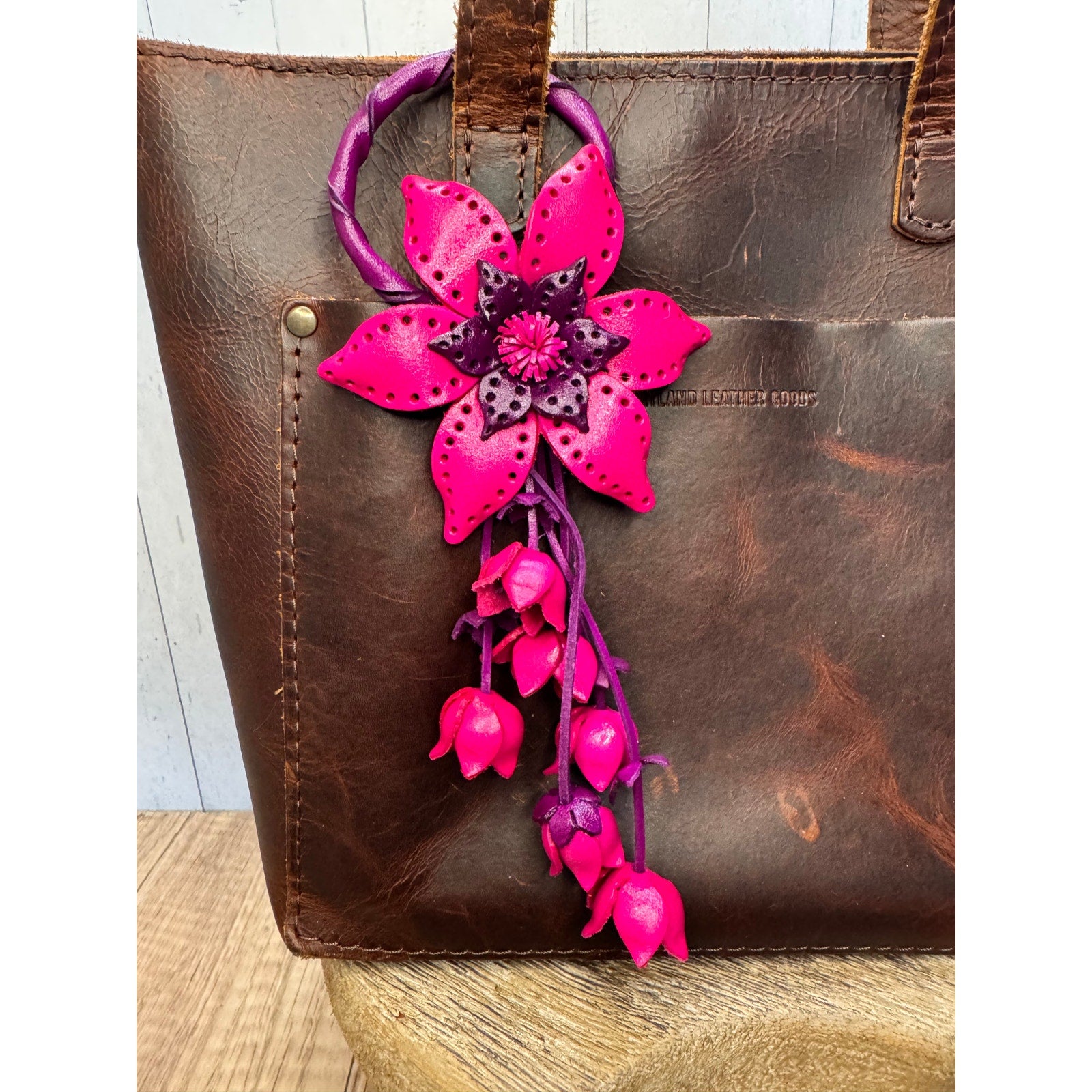 Leather Purse Charm Genuine Leather Bright Pink Flower Bag Charm NEW FAST SHIP