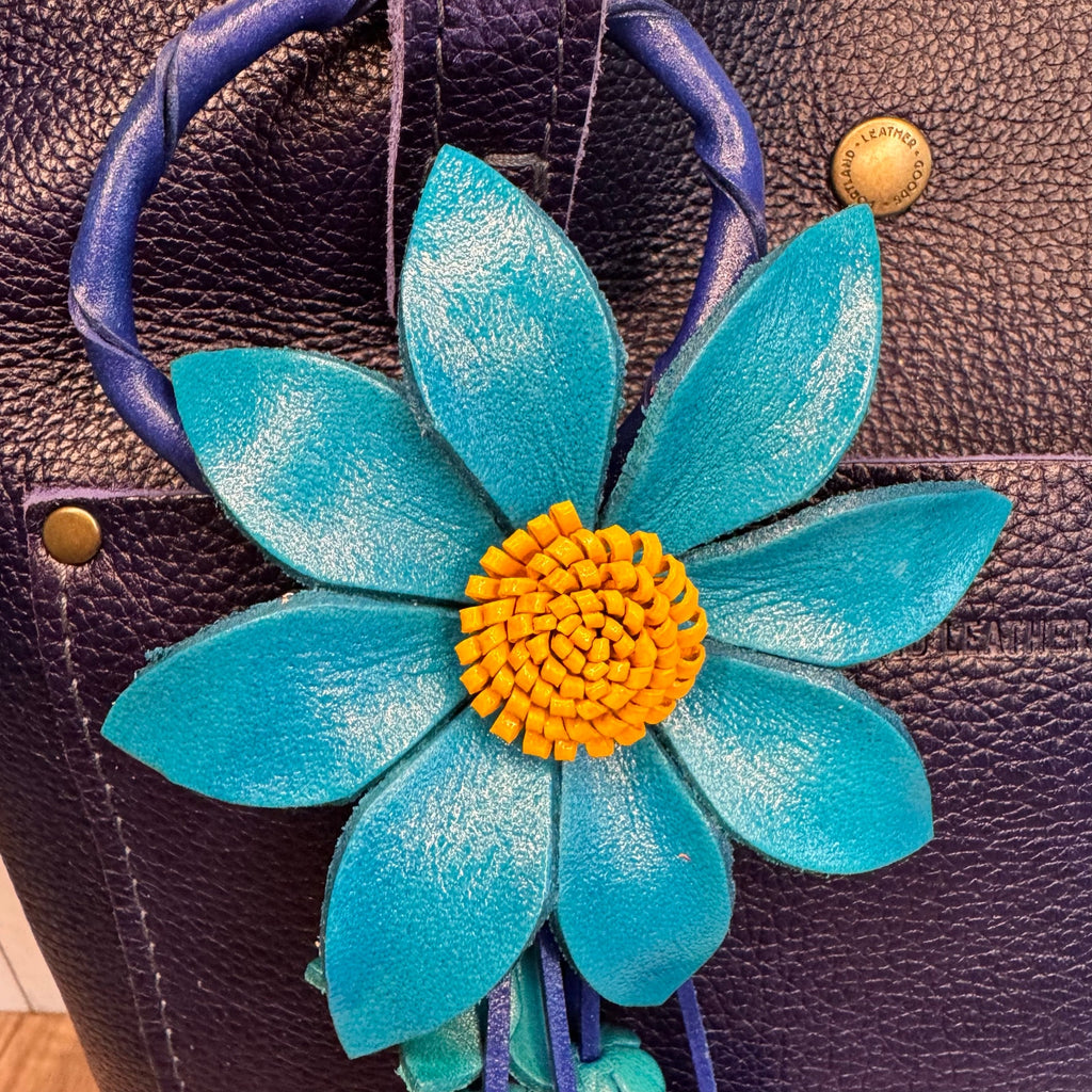 Leather Purse Charm Blue Flower Charm Genuine Leather Daisy Bag Charm NEW!