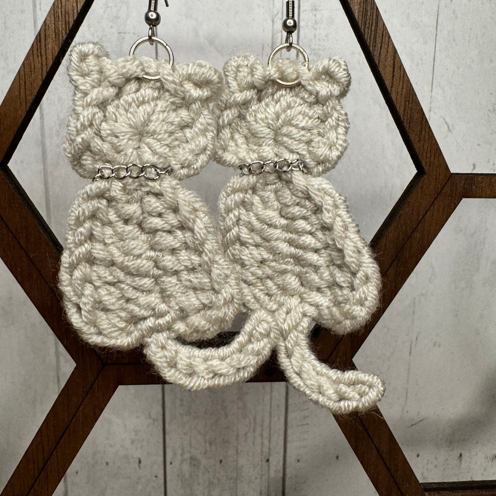 Gray Taupe Cat Crochet Earrings Kitty Accessories Gray Beige Earrings