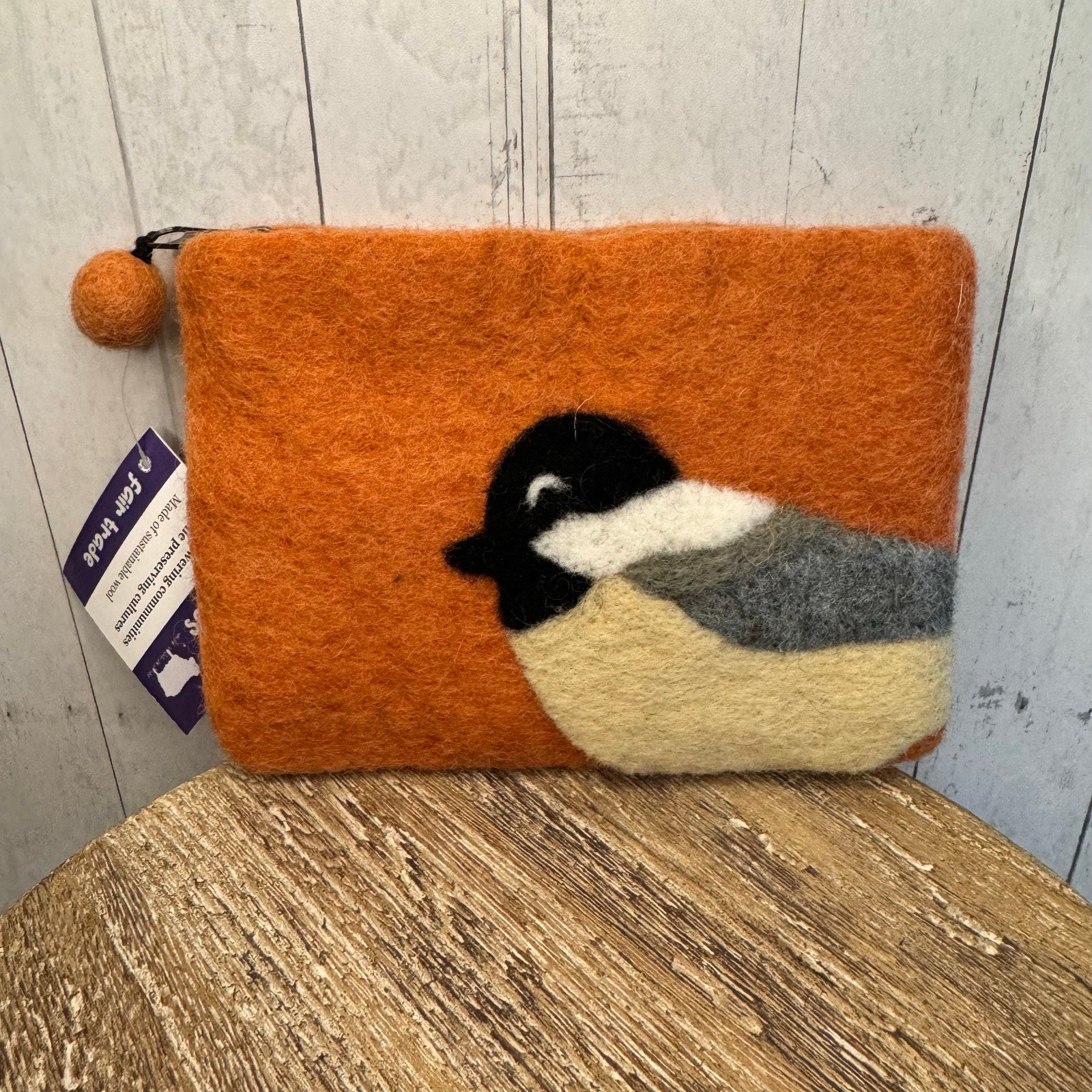 Felted Wool Brown Wallet Pouch Chickadee Bird Lover Makeup Bag New FAST SHIP