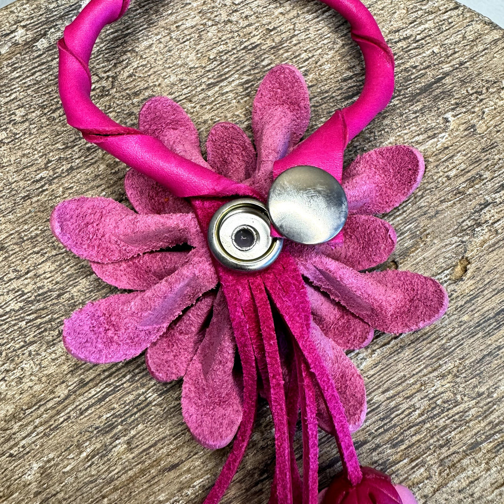 Leather Flower Purse Charm Genuine Leather Pink Gerbera Daisy Bag Charm