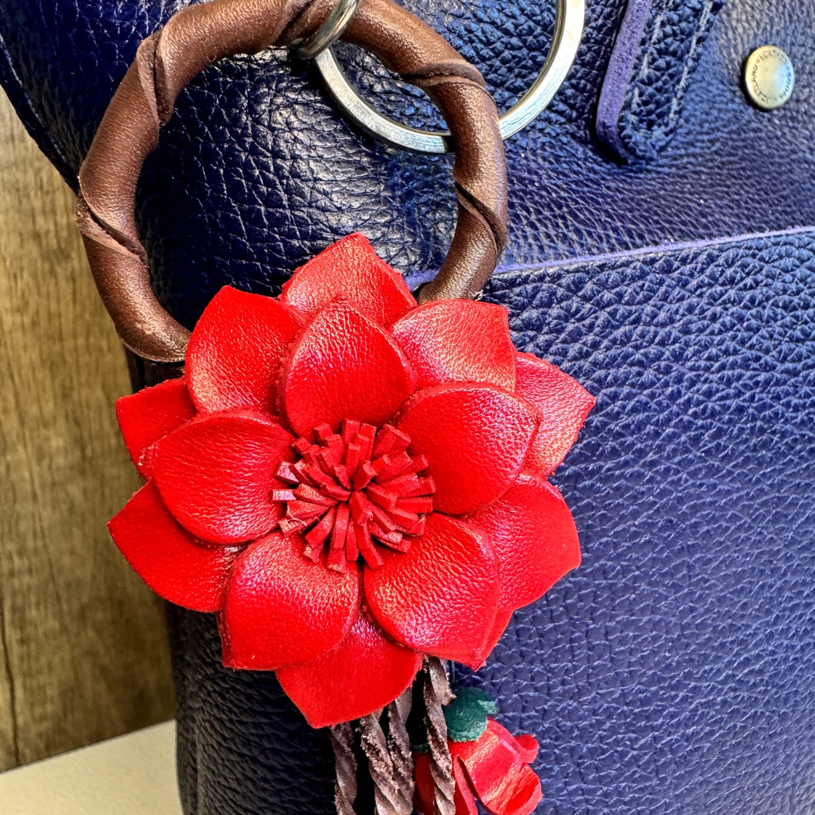 Leather Red Flower Purse Charm Genuine Leather Bag Charm NEW FAST SHIP