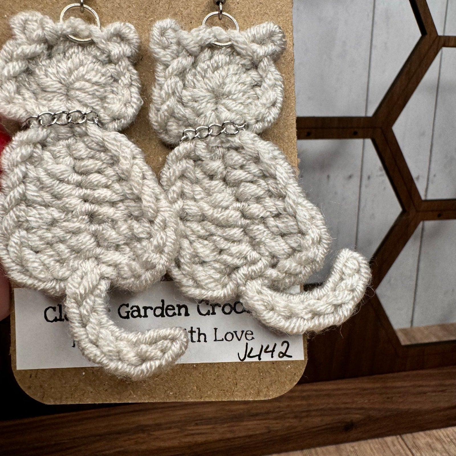 Gray Taupe Cat Crochet Earrings Kitty Accessories Gray Beige Earrings