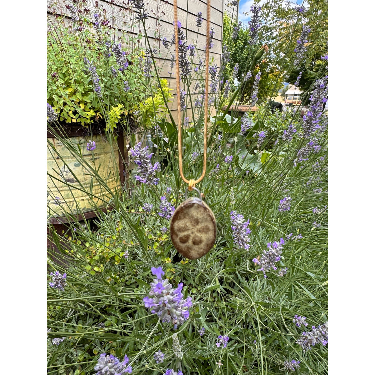 Kiln Fired Oval Necklace Handcrafted Ceramic Oval Daisy Flowers Neutral Jewelry