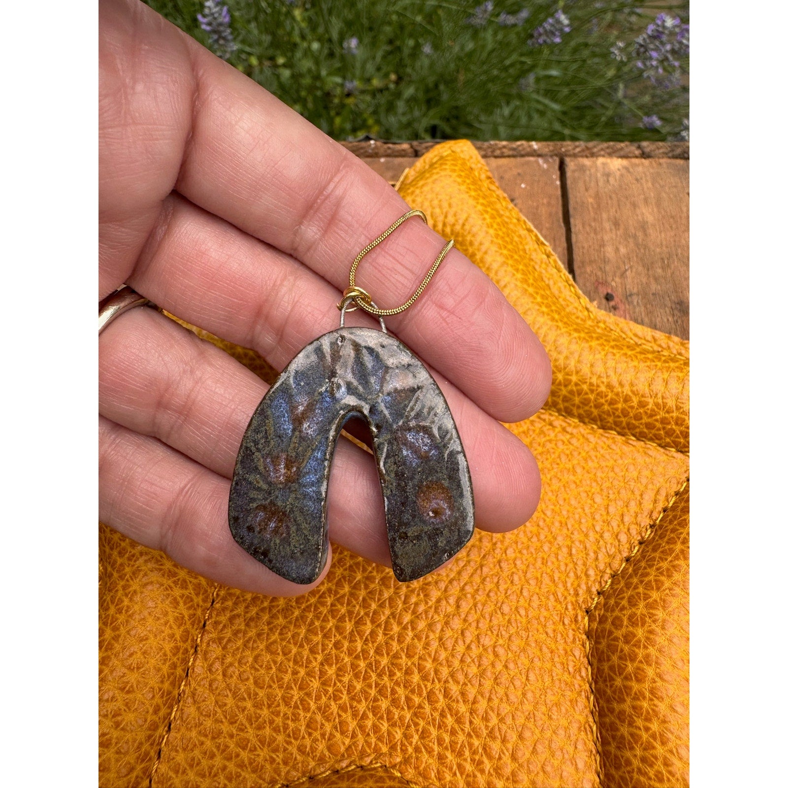 Kiln Fired Light Horseshoe Necklace Handcrafted Ceramic Horse Shoe Blue Pendant