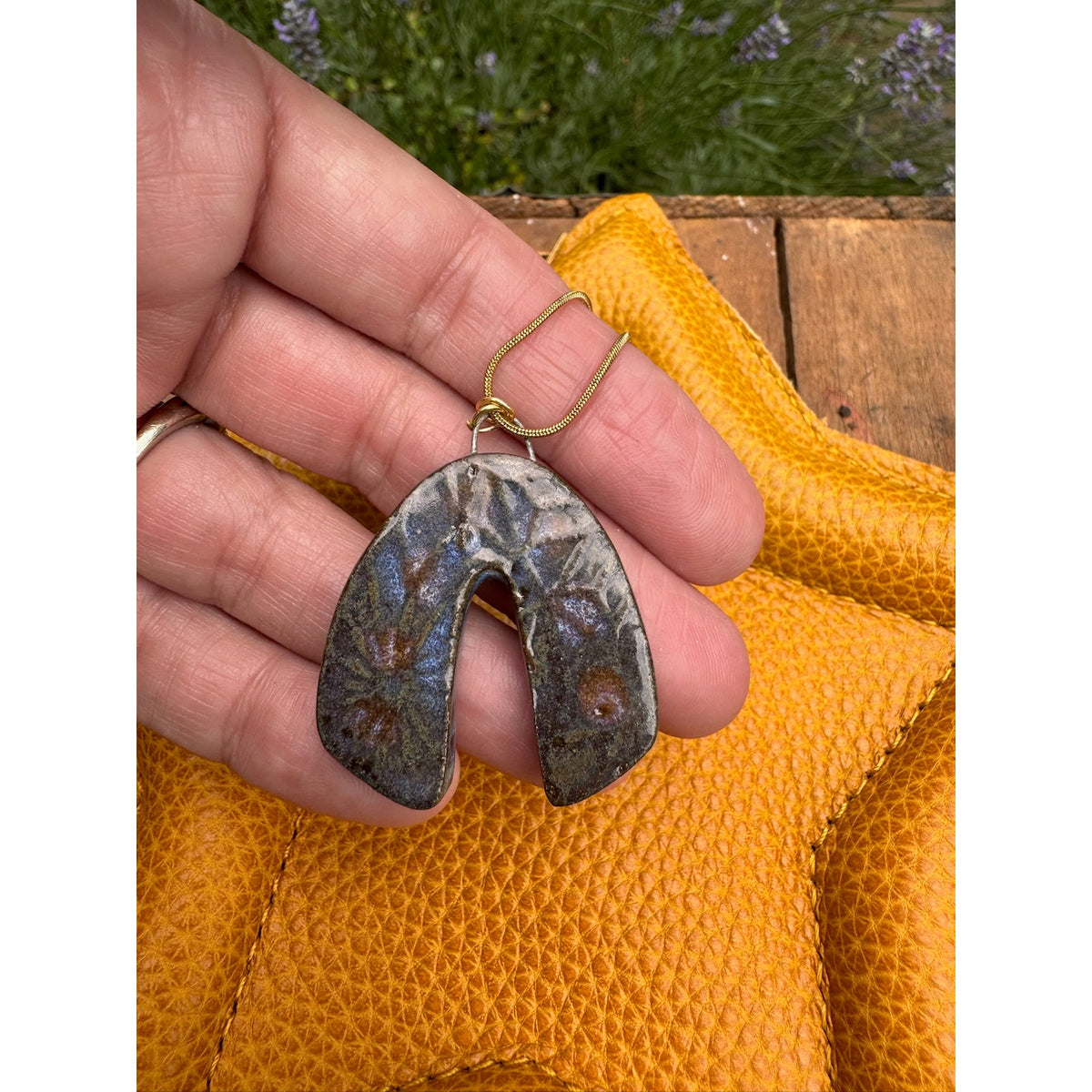 Kiln Fired Light Horseshoe Necklace Handcrafted Ceramic Horse Shoe Blue Pendant