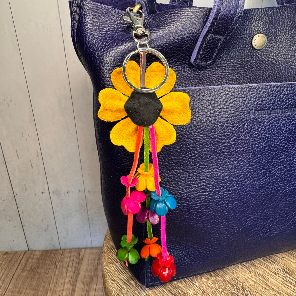 Yellow Daisy Flower Leather Bag Charm Genuine Leather Purse Charm Flowers