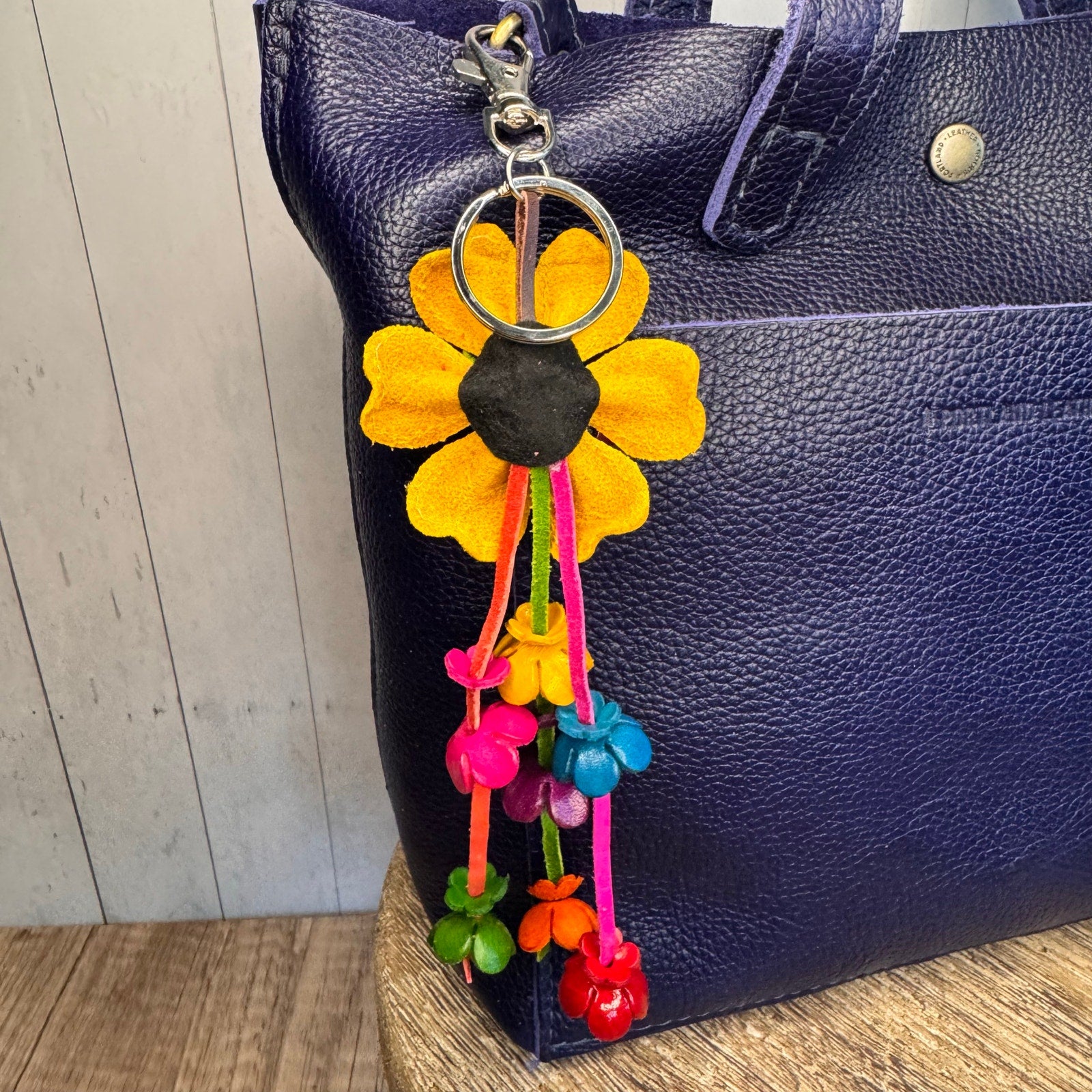 Yellow Daisy Flower Leather Bag Charm Genuine Leather Purse Charm Flowers