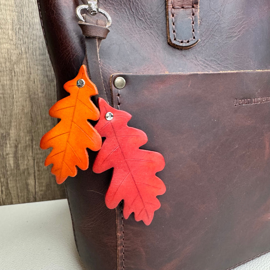 Leather Purse Charm Oak Tree Leaf Bag Charm Genuine Leather Purse Keychain NEW