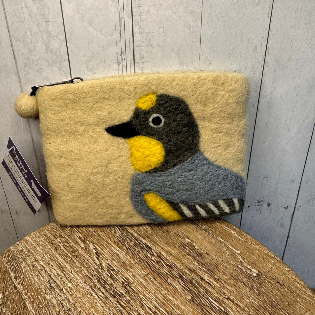 Felted Wool Neutral Wallet Pouch Yellow Rumped Warbler Bird Lover Makeup Bag