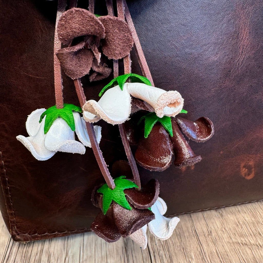Set of 2: Genuine Leather White Rose Bag Charm Gold White Crossbody Purse Strap