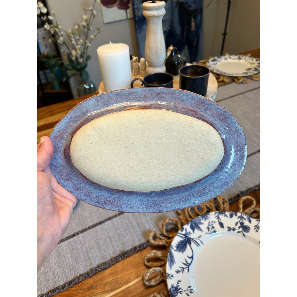 Hibiscus Oval Plate Ceramic Dish 10 x 6.5 inch Boho Home Gift Blue Decor