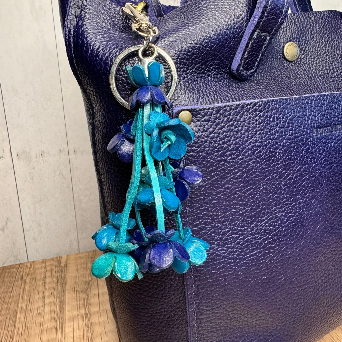 Blue Purse Charm Genuine Leather Bag Charm Blue Flower Bouquet FAST SHIP
