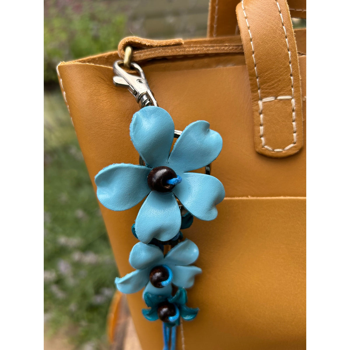 Plumeria Flower Bag Charm Genuine Leather Bag Charm Light blue Flower Charm