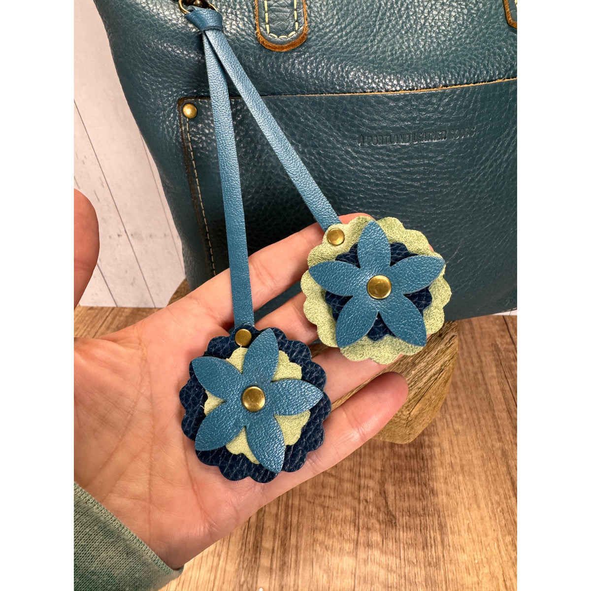 Double Flower Bag Charm Genuine Leather Green Blue Purse Charm NEW!