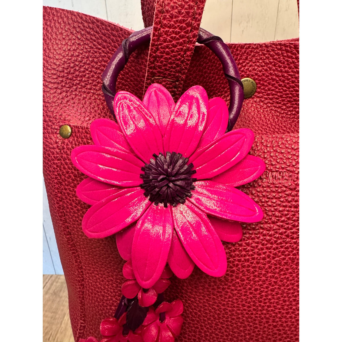 Leather Hot Pink Flower Purse Charm Genuine Leather Daisy Flower Bag Charm