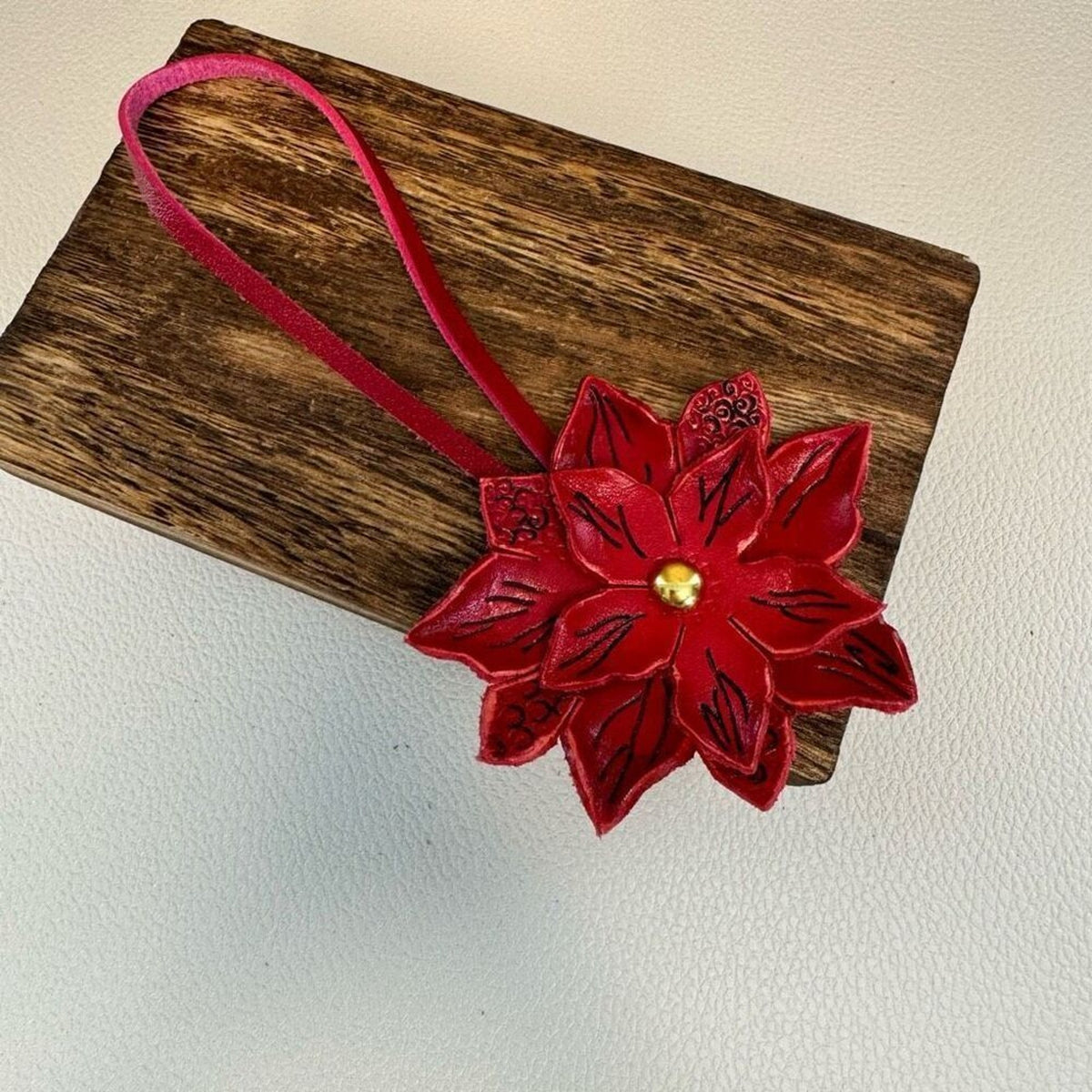Poinsettia Leather Purse Charm Hand Painted FAST SHIP Leather Keychain Bag Flair
