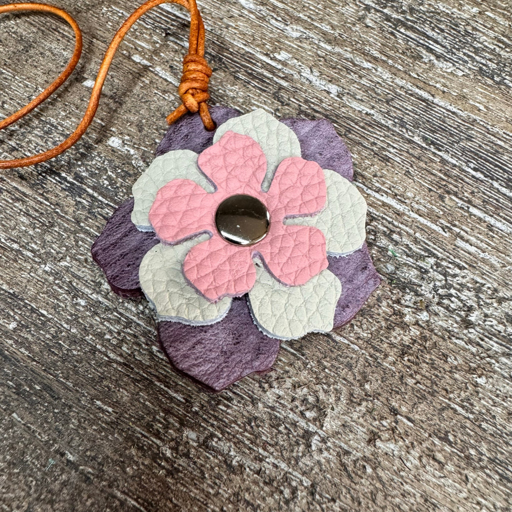 Leather Charm Pink Purple Flower Bag Charm Genuine Leather Purse Keychain